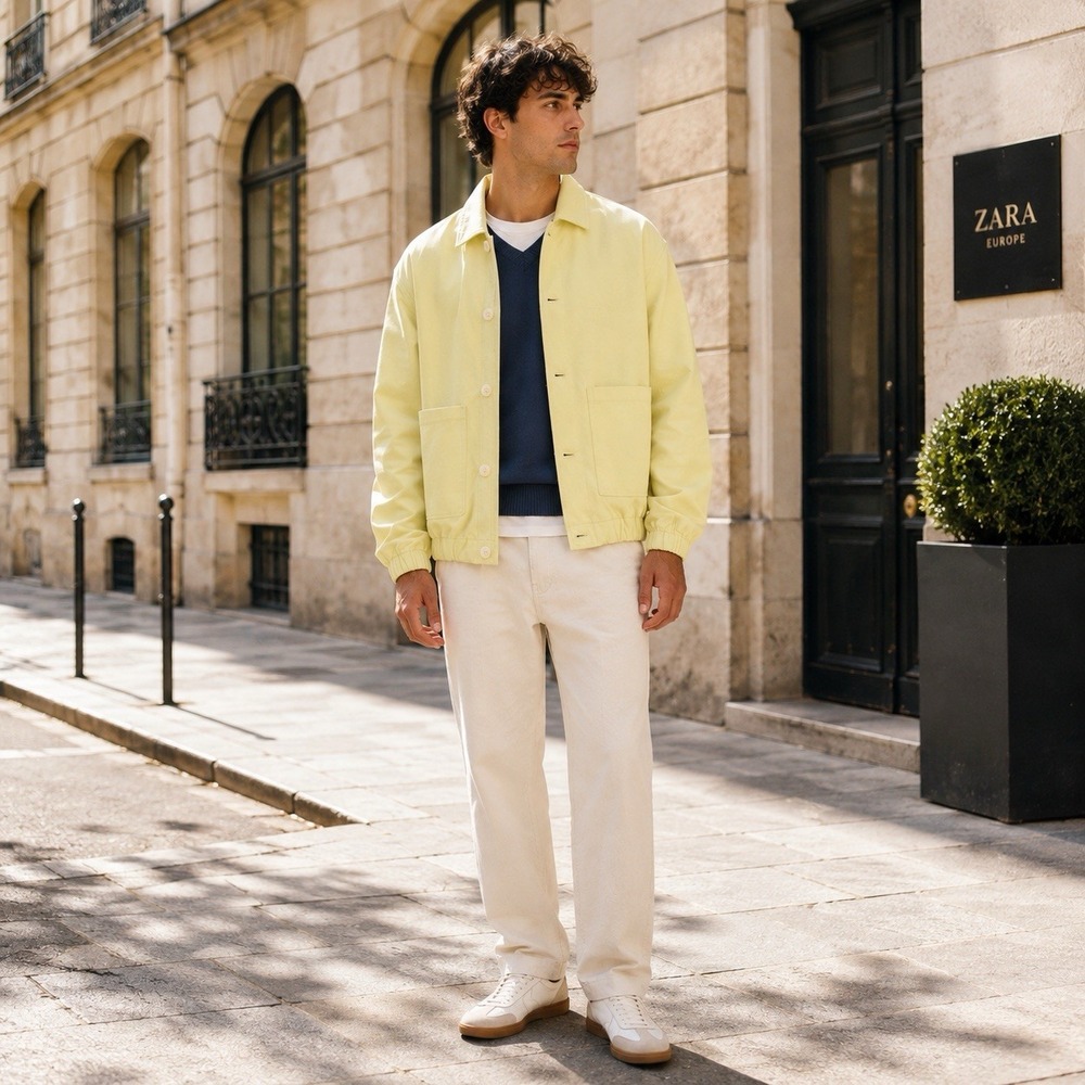 ZARA NWOT Men Shirt Jacket MEDIUM Elastic Hem Denim Cotton Yellow Green 0706/301